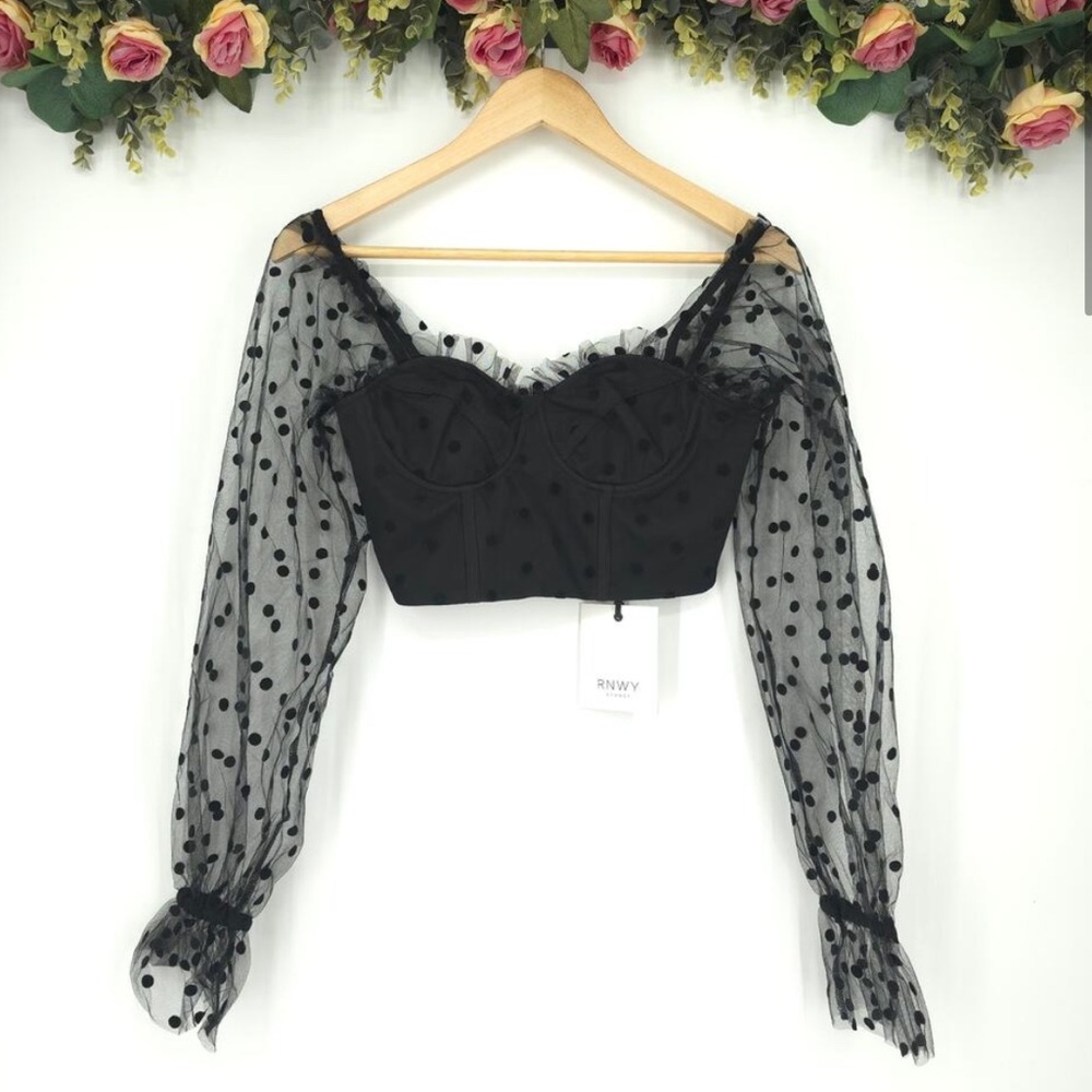 Runaway the Label Chloe Black Long Sleeve Polka Dot Crop Top Size XS NWT